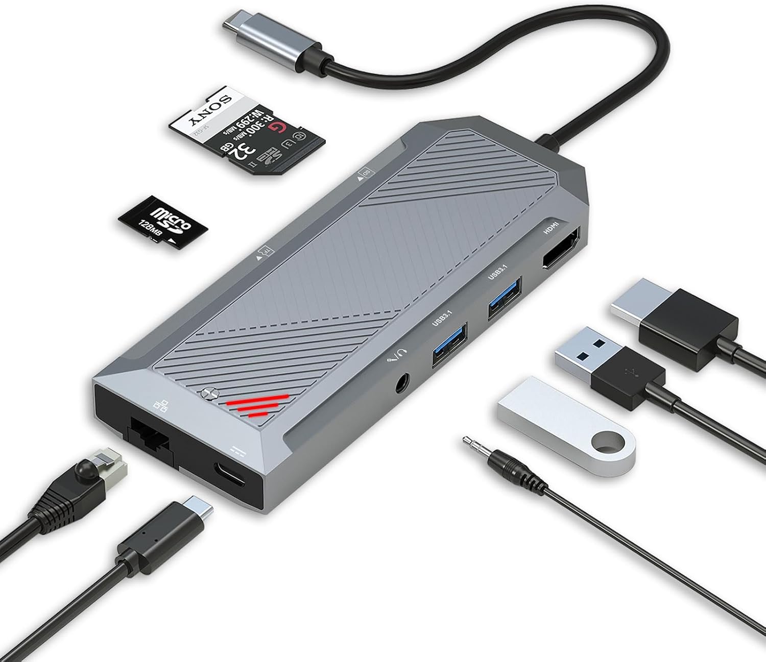 Hab USB-C 9-in-1 dengan kandang SSD untuk pembahagi M.2 NVME 4K 60Hz HDMI